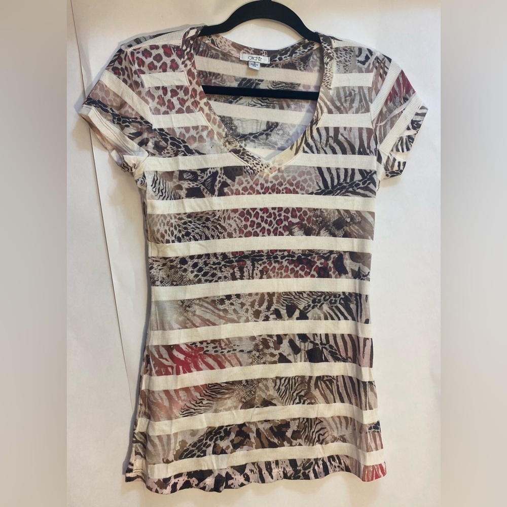 Cache Womens Mixed Animal Print Burnout Stripe V-Neck Top Brown Tan Small USA